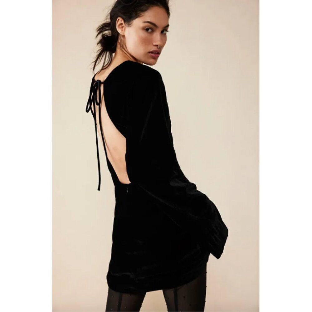 Free People black velvet open low back Chelsea long sleeve narrow mini dress